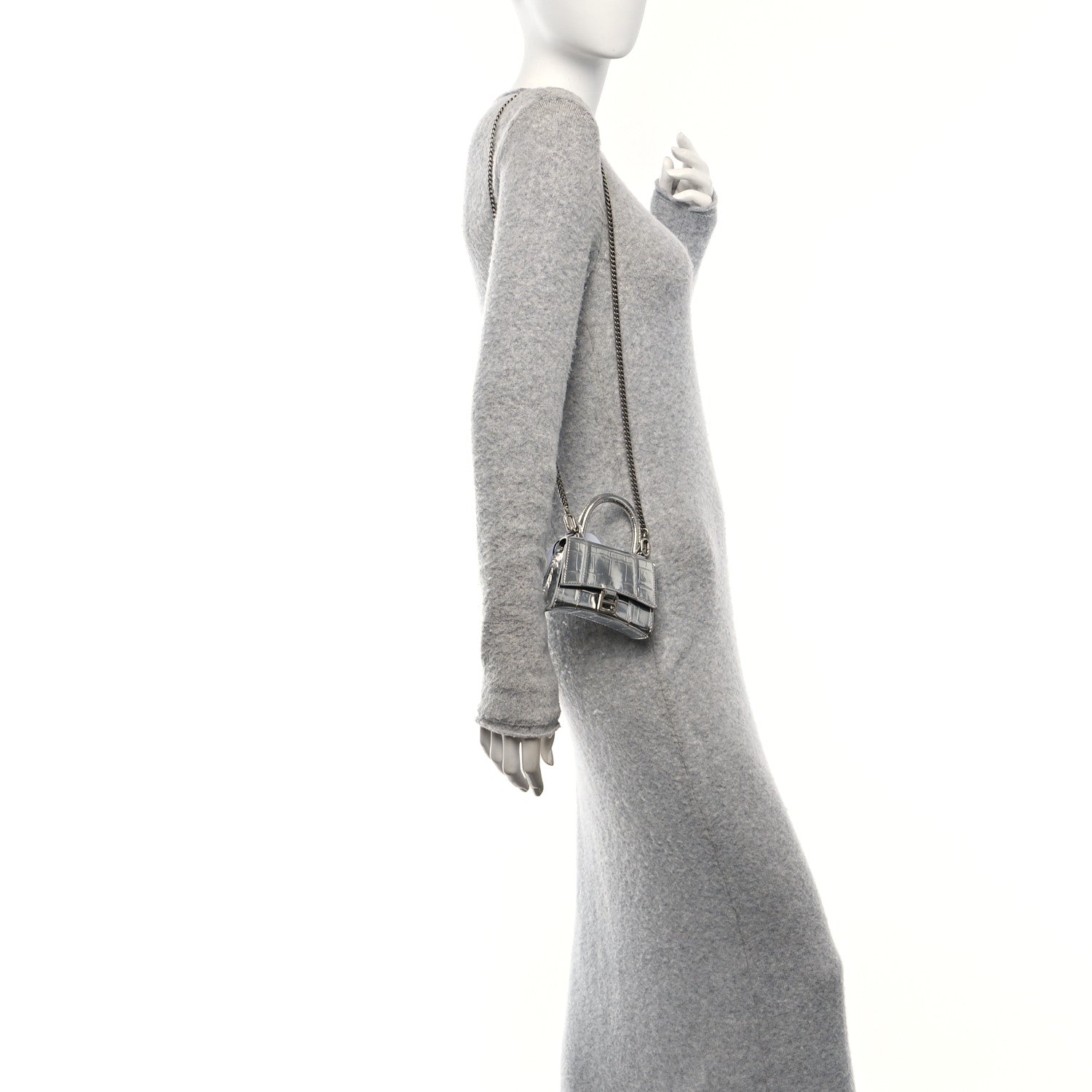 Metallic Calfskin Crocodile Embossed Hourglass Top Handle Bag Mini with Chain Silver