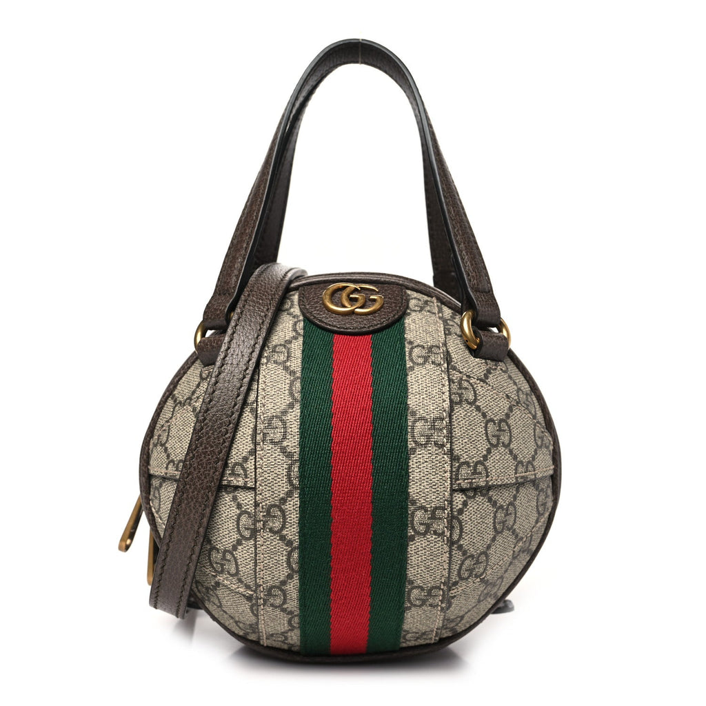GG Supreme Monogram Textured Dollar Calfskin Web Mini Ophidia Basketball Shaped Shoulder Bag Beige Ebony New Acero
