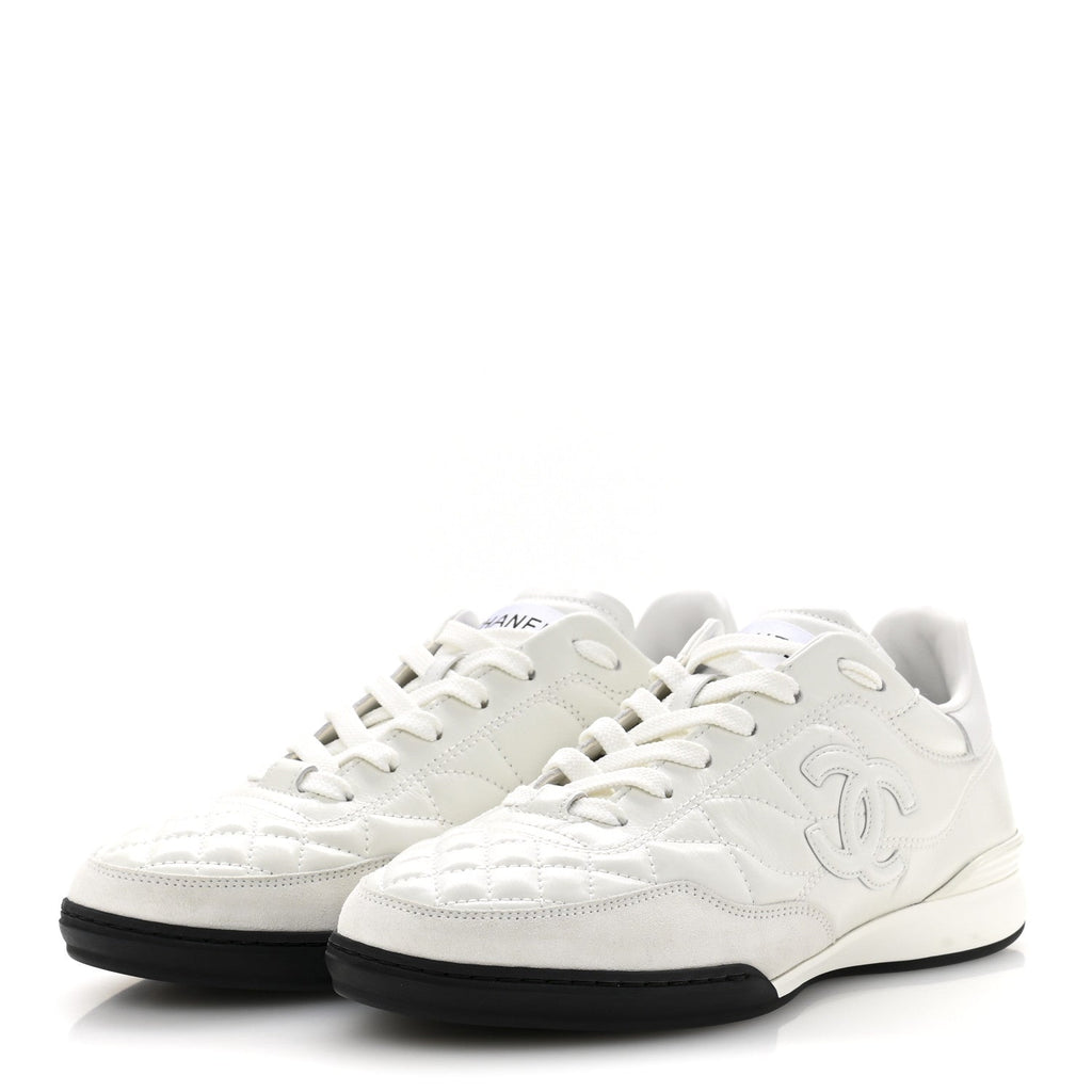 Shiny Calfskin Suede Quilted CC Logo Sneakers 37 White