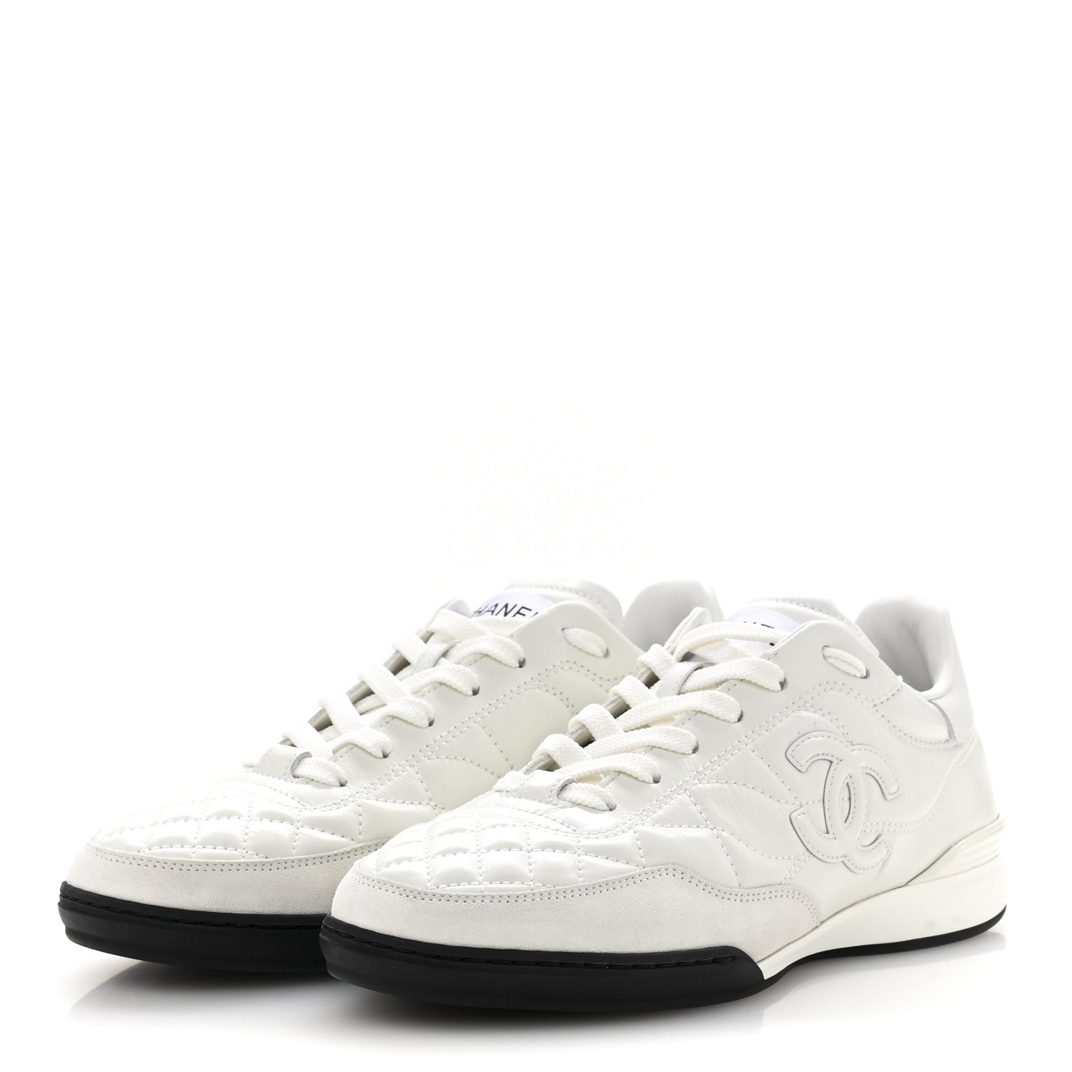 Shiny Calfskin Suede Quilted CC Logo Sneakers 37 White