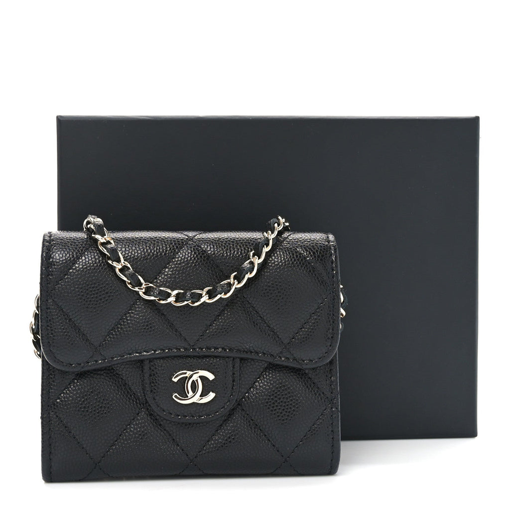 Caviar Quilted Flap  Holder On Chain Black
