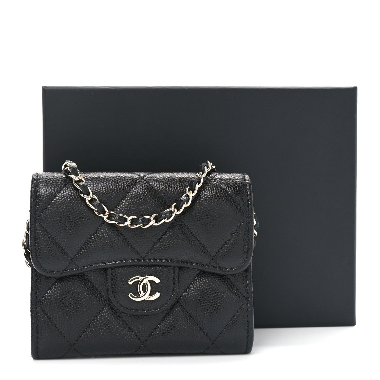 Caviar Quilted Flap  Holder On Chain Black