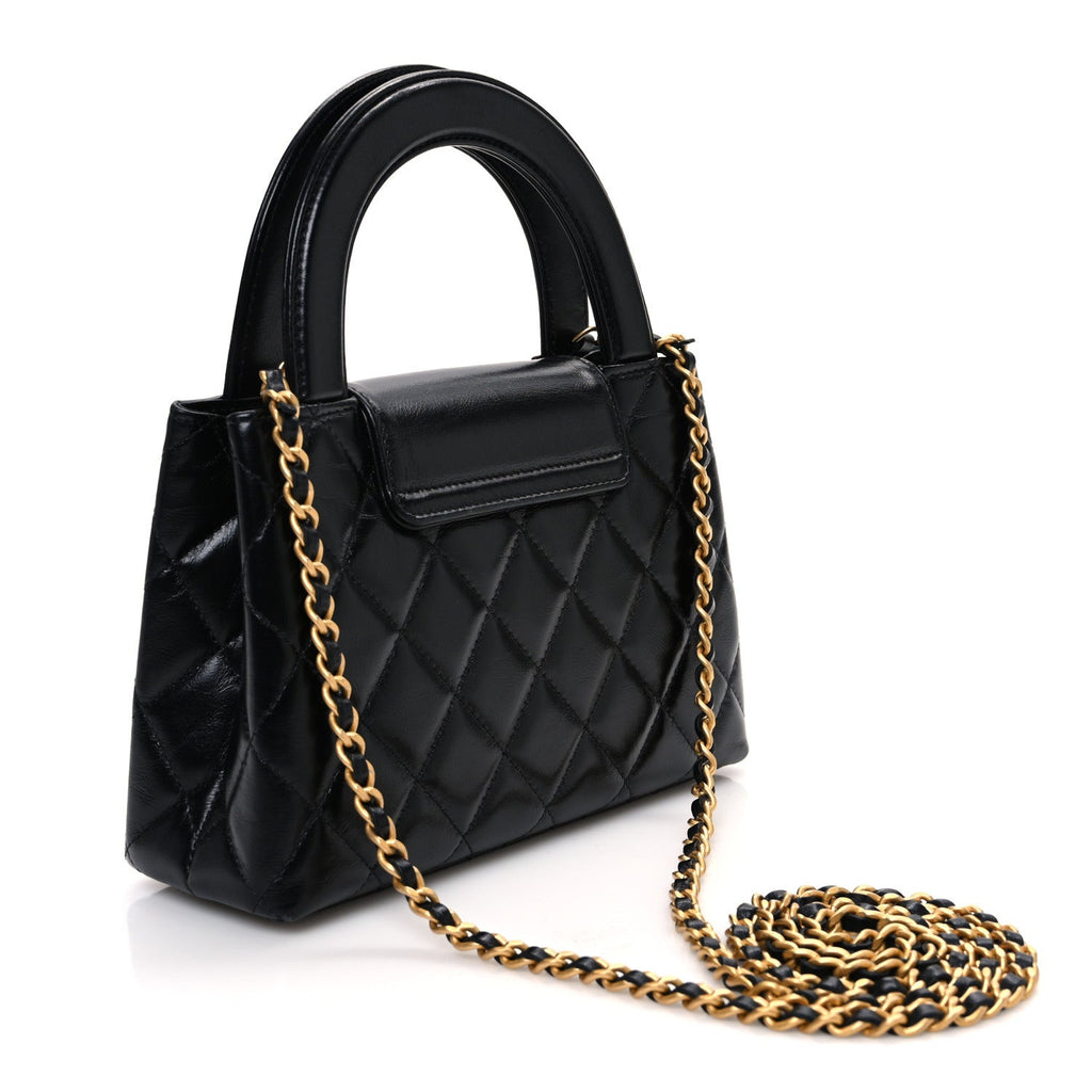 Shiny Aged Calfskin Quilted Nano Kelly Shopper Black