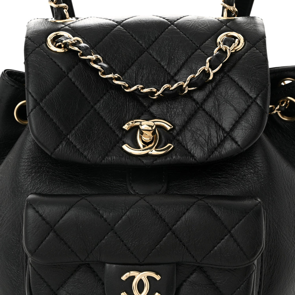 Glazed Aged Calfskin Quilted Small Duma Drawstring Backpack Black