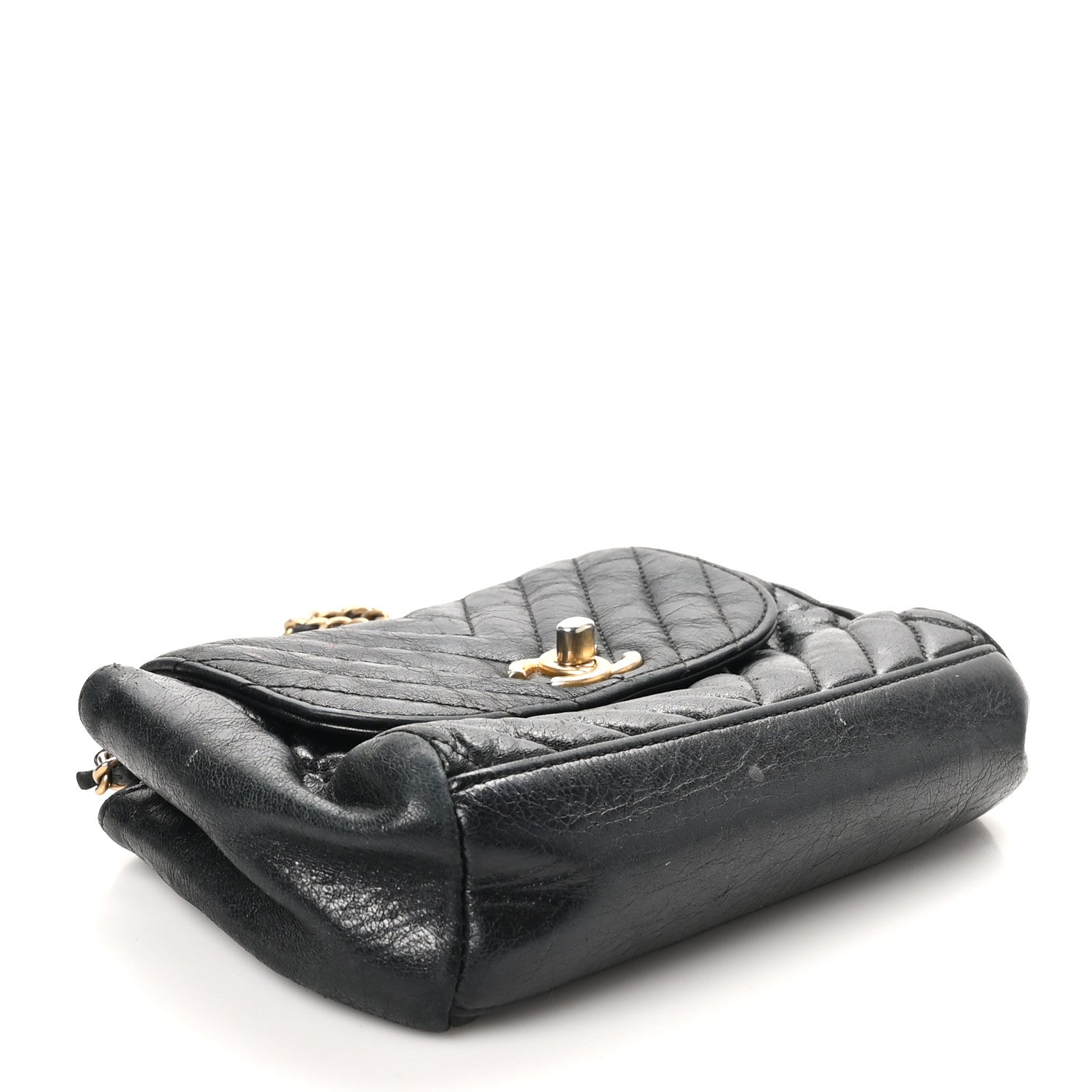Glazed Calfskin Chevron Quilted Hampton Flap Black