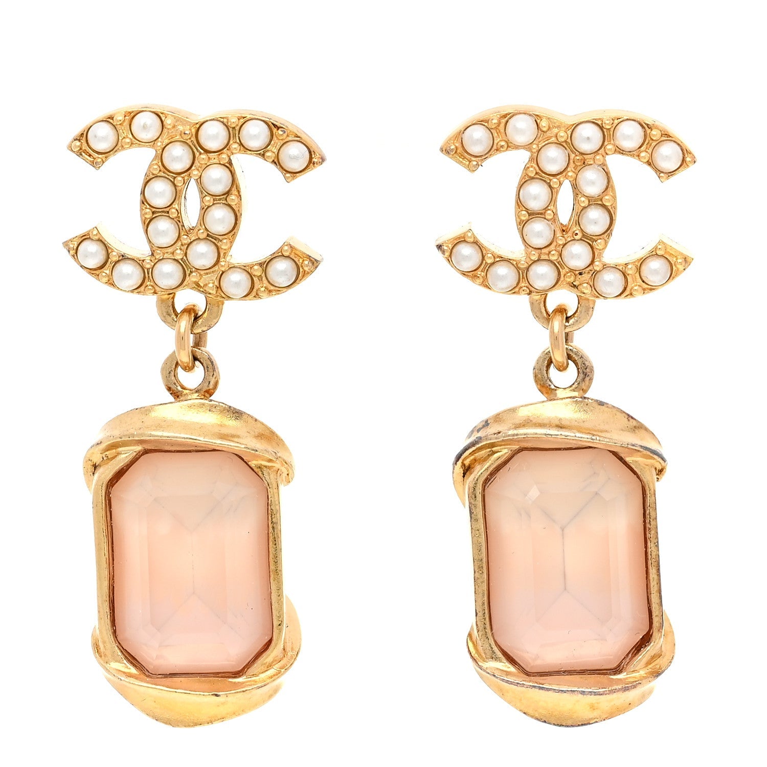 Crystal Pearl CC Drop Earrings Gold White