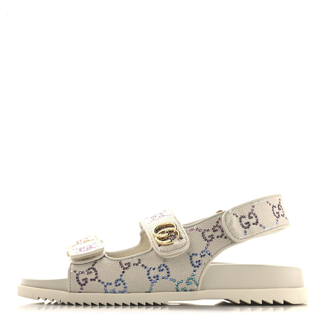 Canvas Lame Crystal GG Monogram Double G Womens Dad Sandals 37.5 Gardenia Silver Mystic White