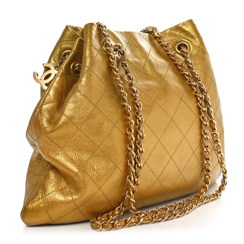 Metallic Calfskin Quilted Small Drawstring Bag Gold