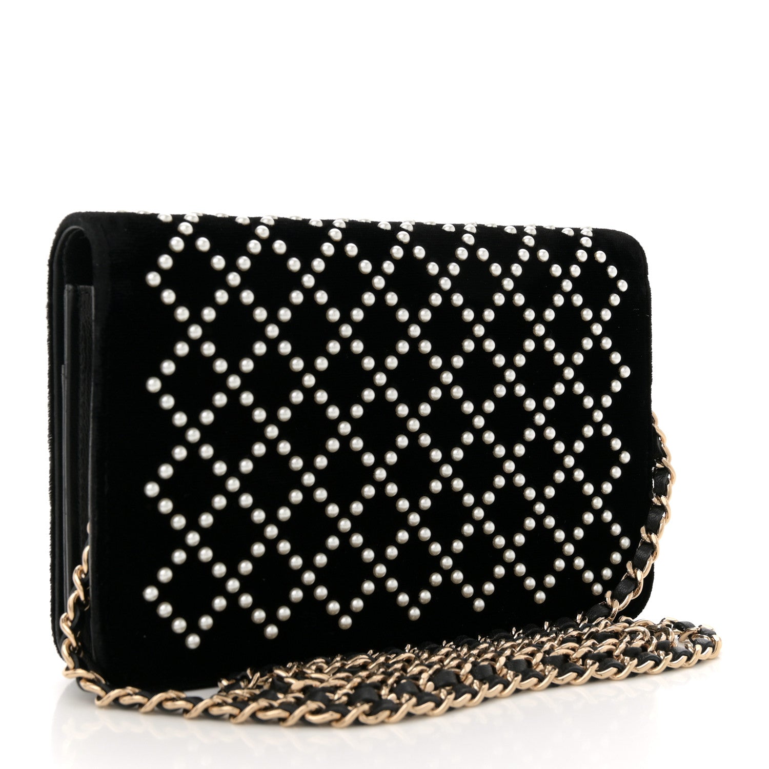 Velvet Pearl Diamond Embellished Wallet On Chain WOC Black