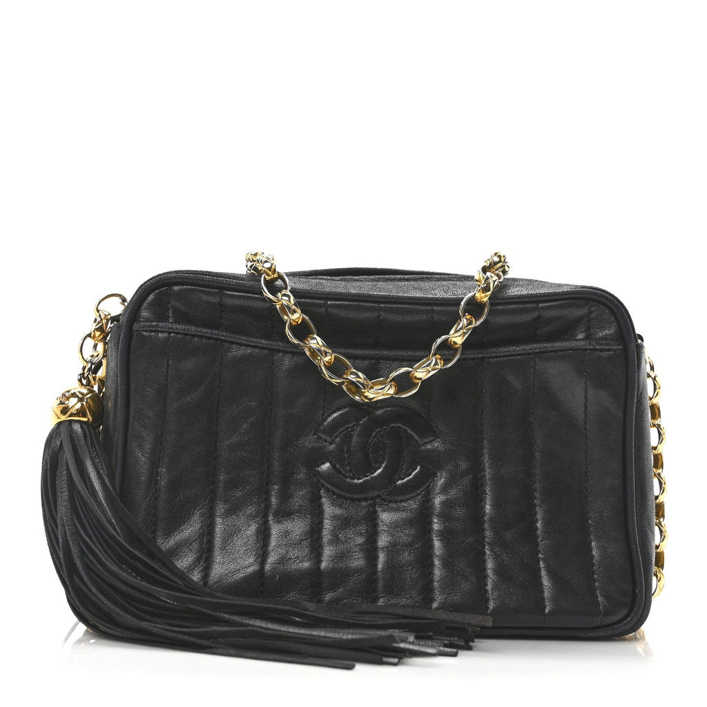 Lambskin Vertical Quilted Tassel Camera Case Black
