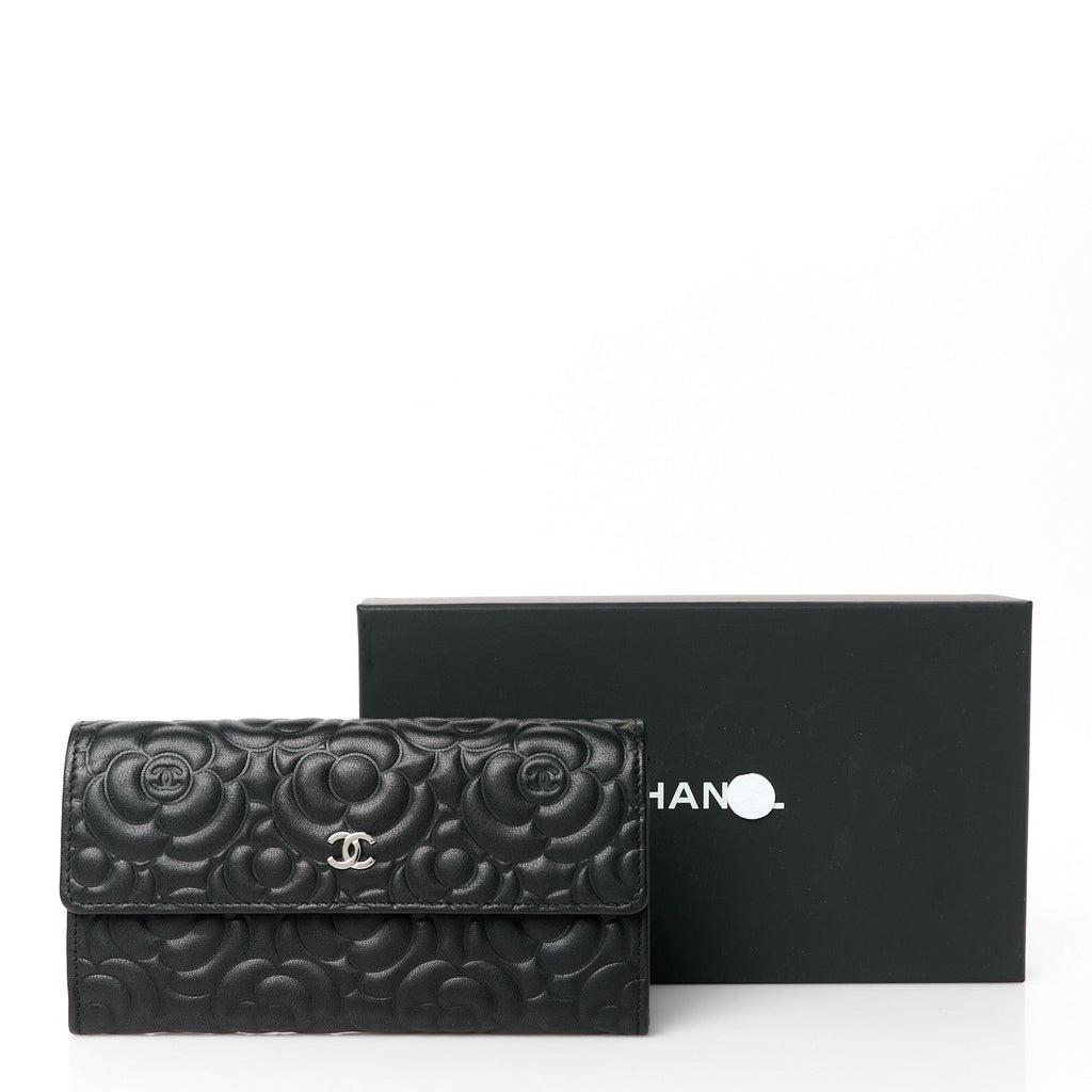 Lambskin Embossed Camellia Large Gusset Flap Wallet Black