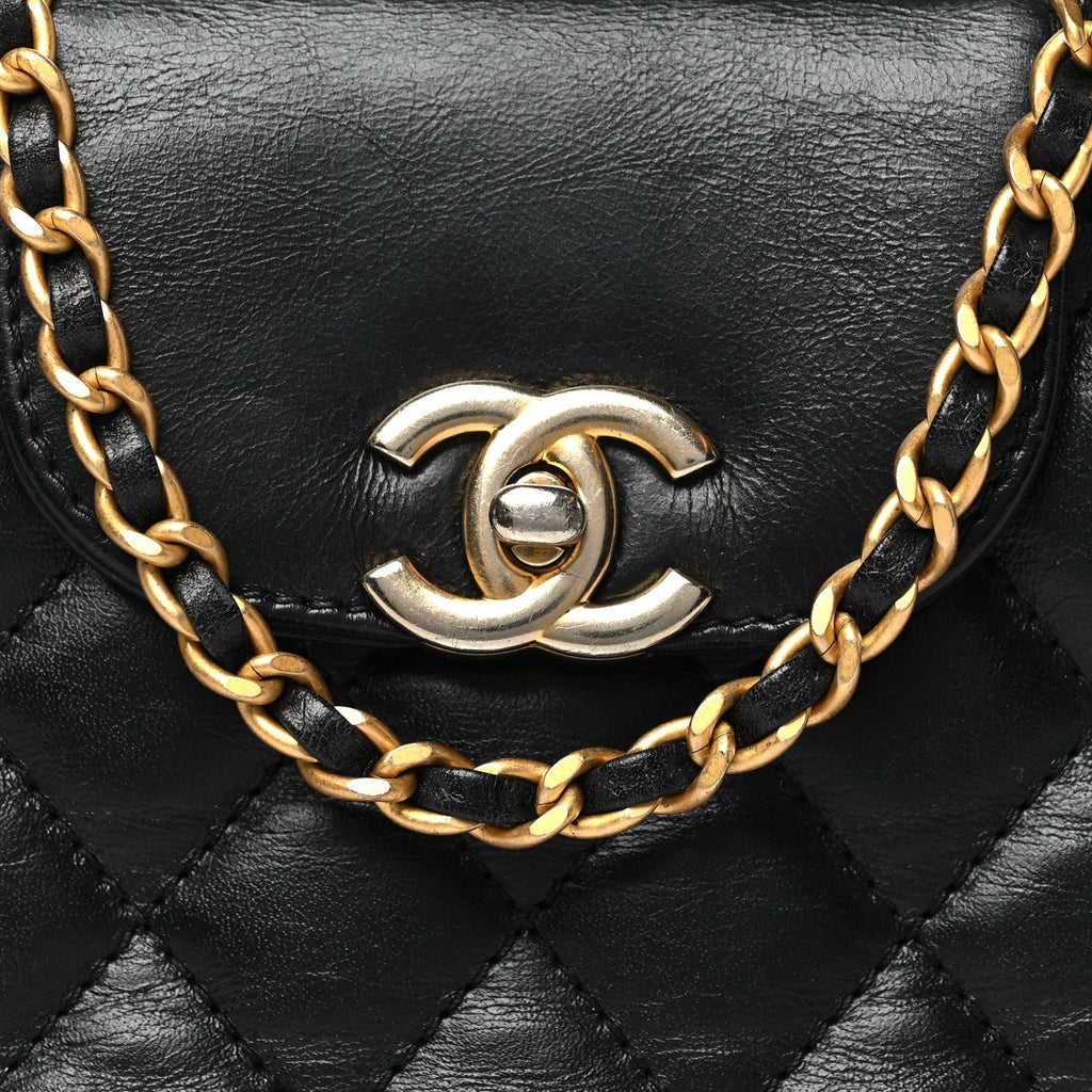 Shiny Aged Calfskin Quilted Nano Kelly Shopper Black
