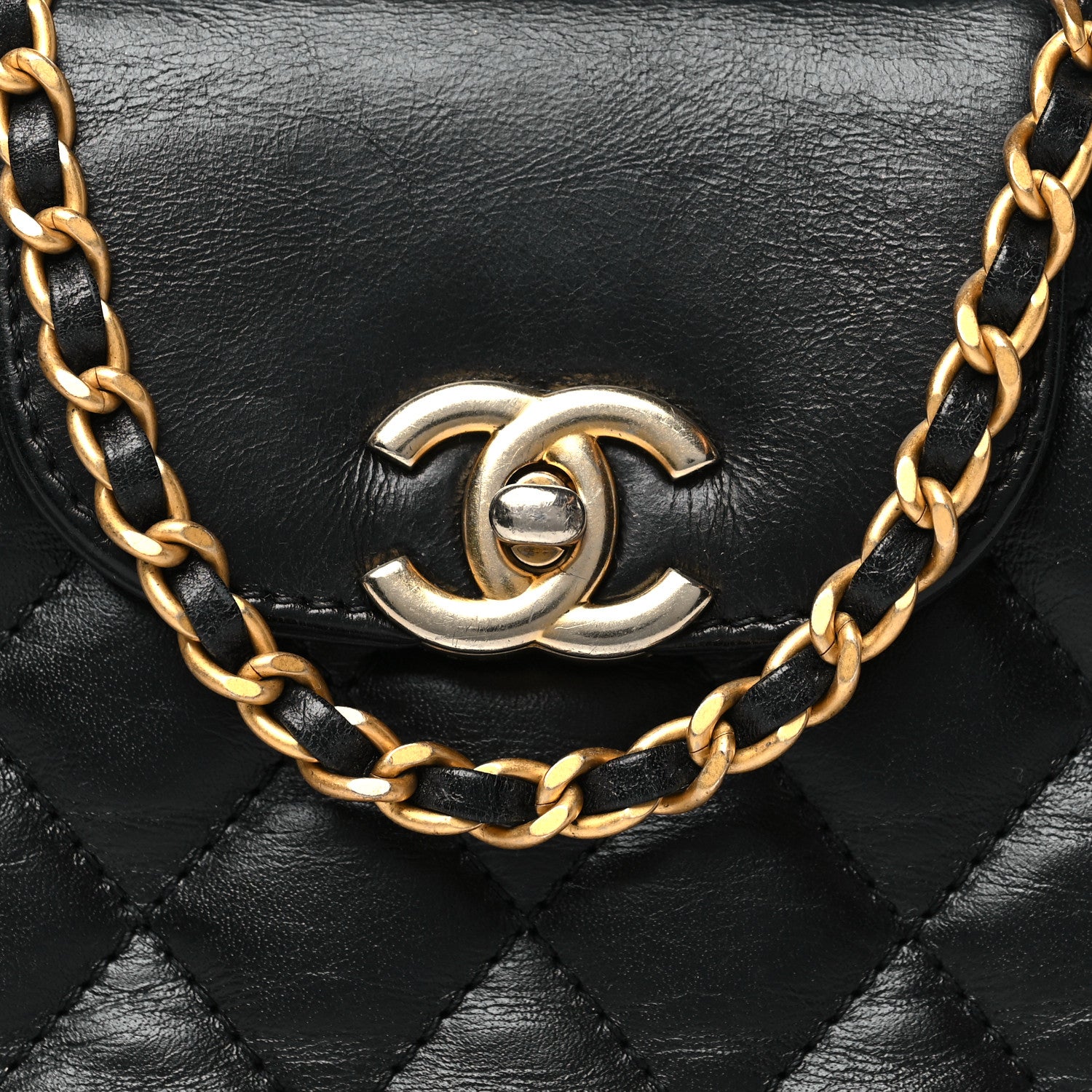 Shiny Aged Calfskin Quilted Nano Kelly Shopper Black