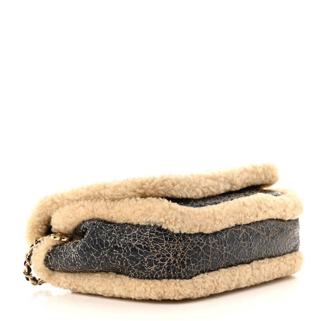 Shiny Crumpled Sheepskin Shearling CC Mania Flap Bag Black Beige