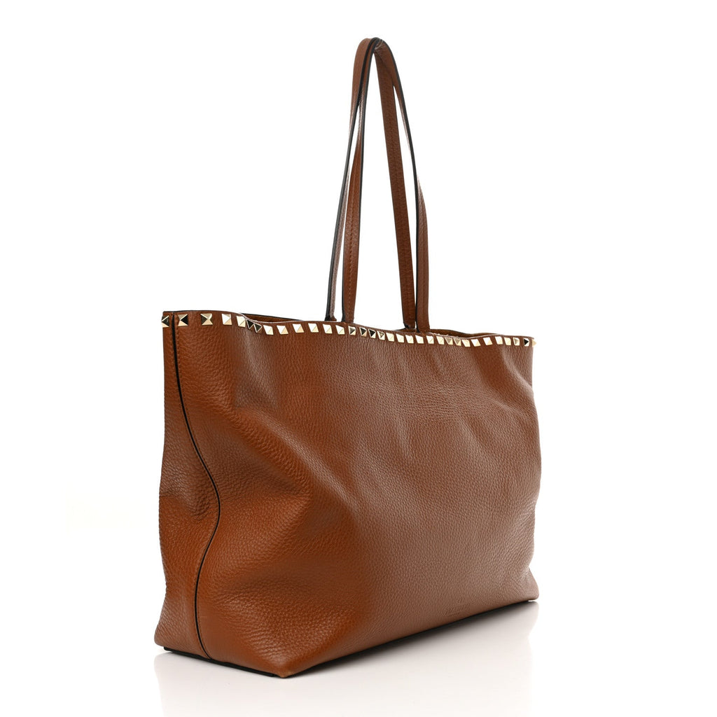Grained Calfskin Rockstud Shoulder Tote Bright Cognac