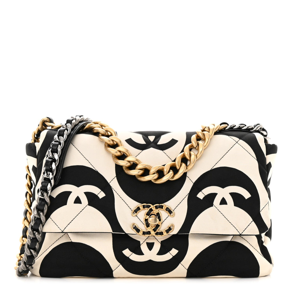 Fabric Printed Large Chanel 19 Flap Black Ecru
