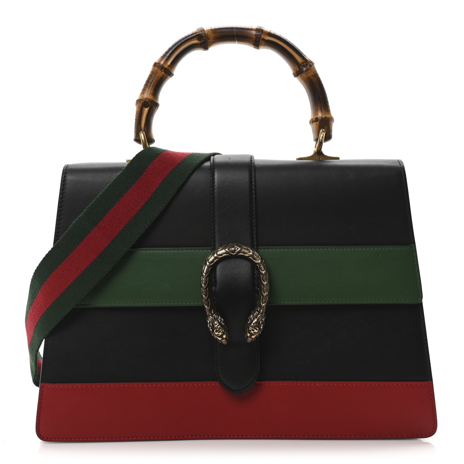 Calfskin Bamboo Web Large Dionysus Top Handle Bag Black Bright Evergreen Hibiscus Red
