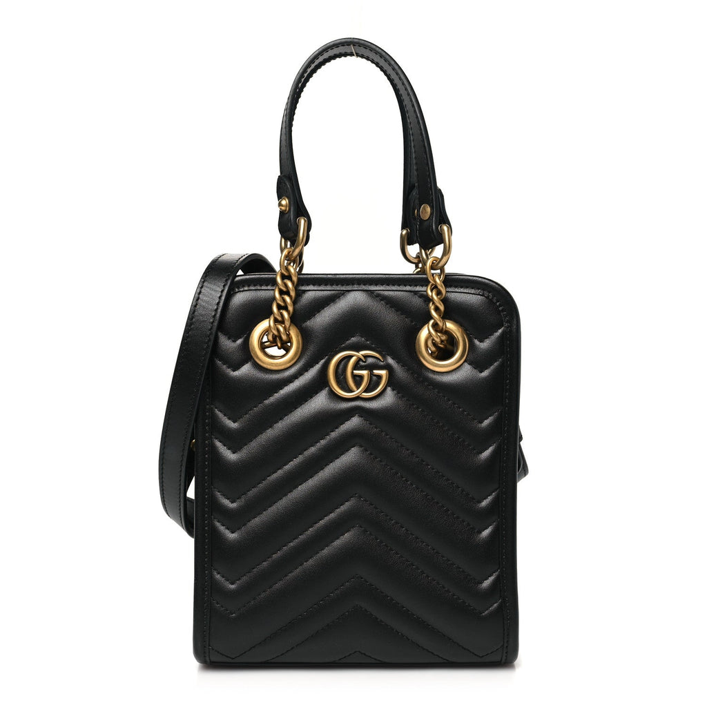 Calfskin Matelasse Chevron Mini GG Marmont Tote Black