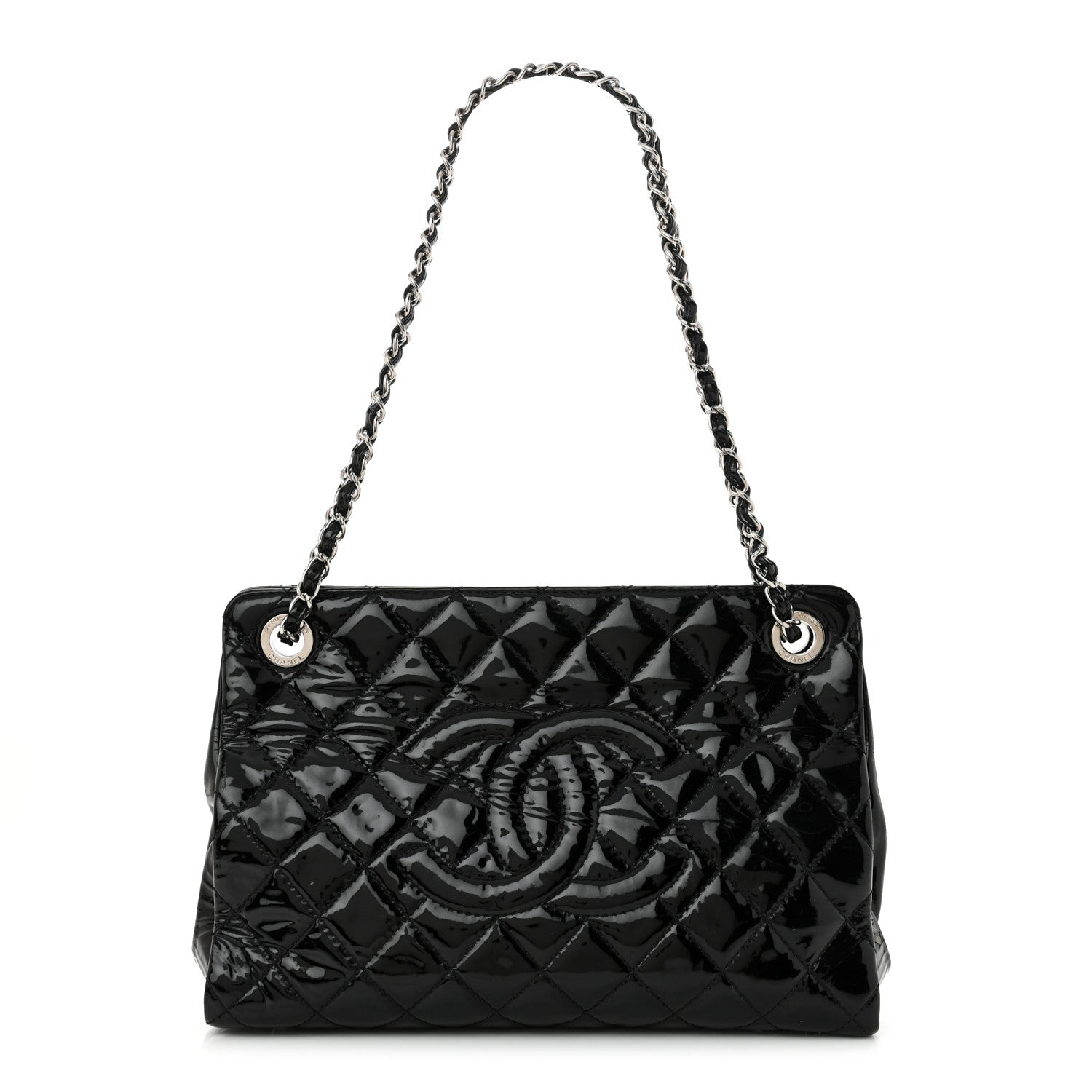 Patent Quilted Timeless CC Shopping Tote Black