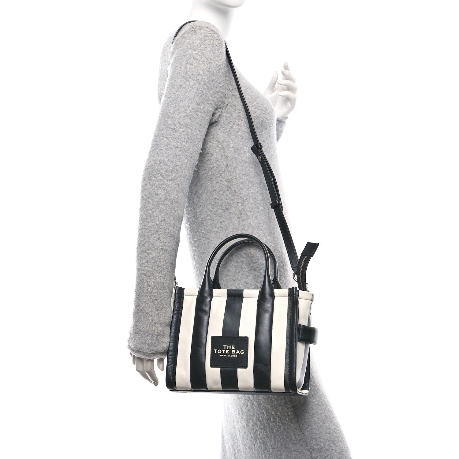Calfskin Striped Small The Traveler Tote Bag Black White