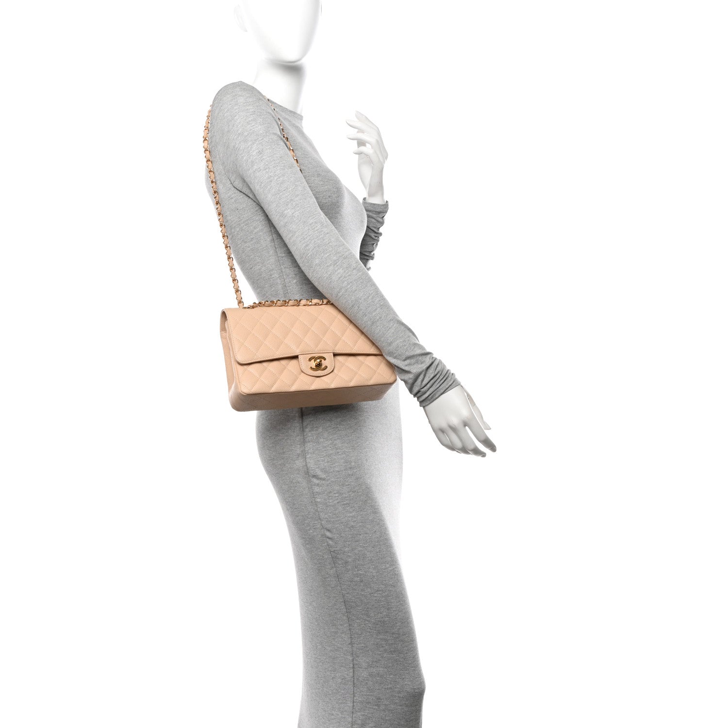 Caviar Quilted Medium Double Flap Beige