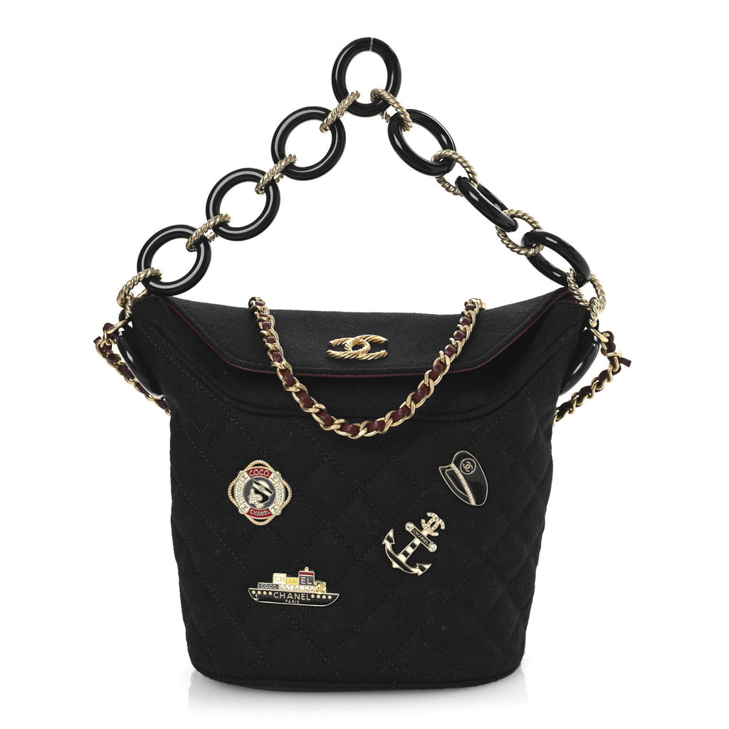 Wool Lambskin Quilted Paris Hamburg Charms Bucket Bag Dark Navy