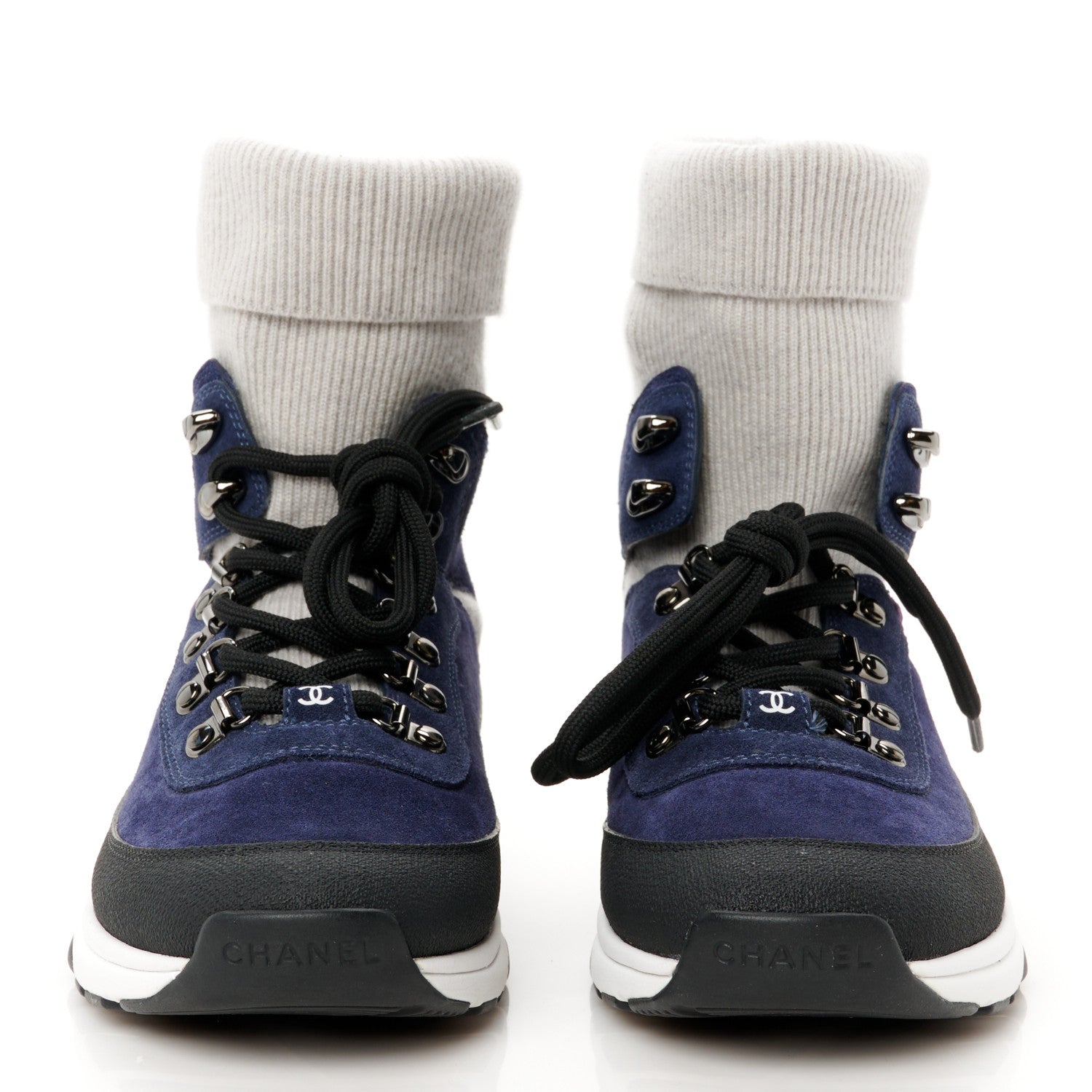 Suede Calfskin Knit CC Sneakers 38 Dark Blue Light Grey