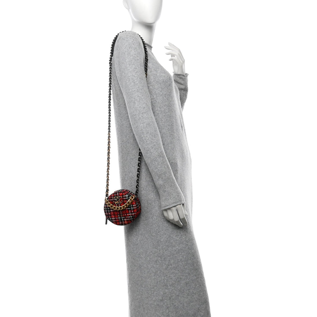 Tweed Quilted Chanel 19 Round Clutch With Chain  Red Black White Green