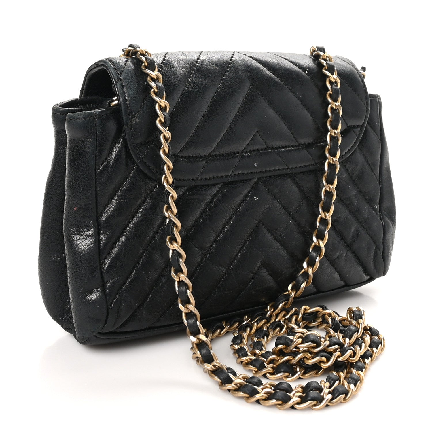 Glazed Calfskin Chevron Quilted Hampton Flap Black