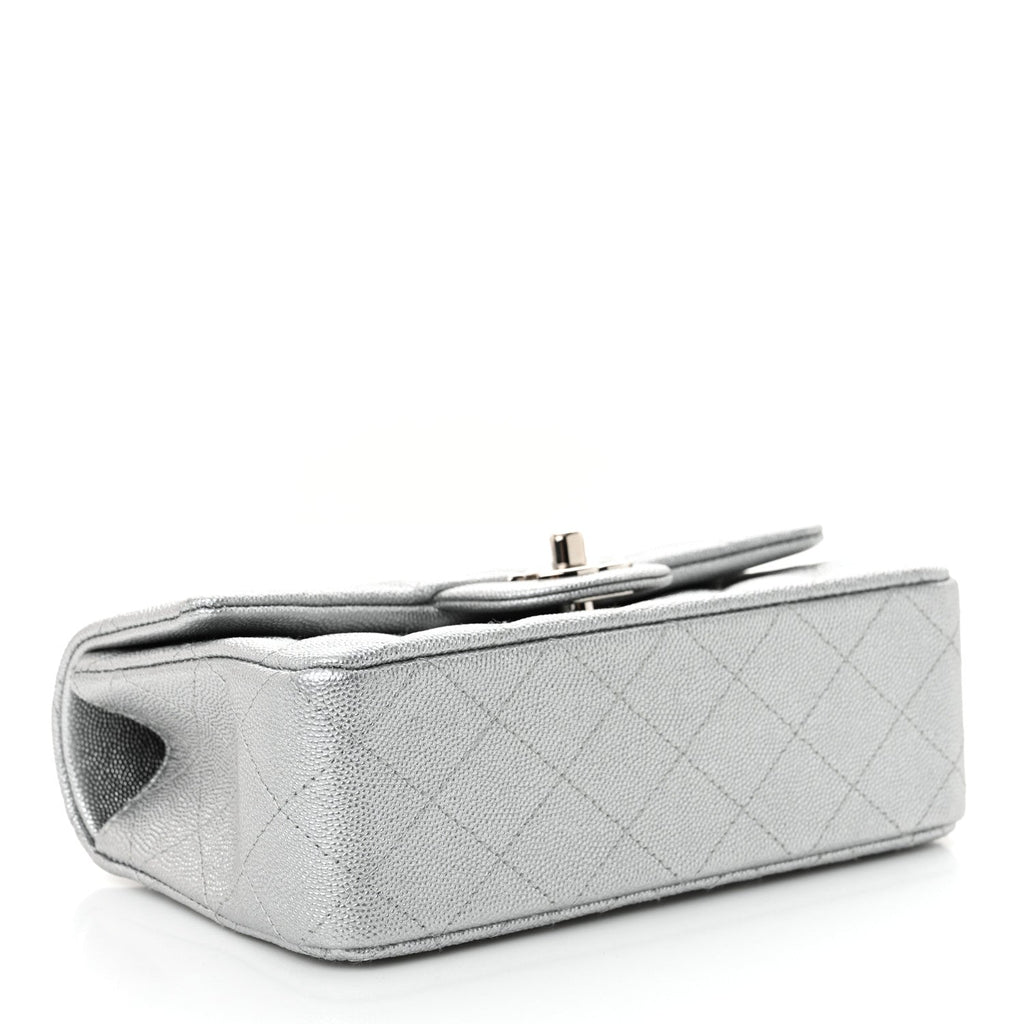 Metallic Caviar Quilted Mini Top Handle Rectangular Flap Silver