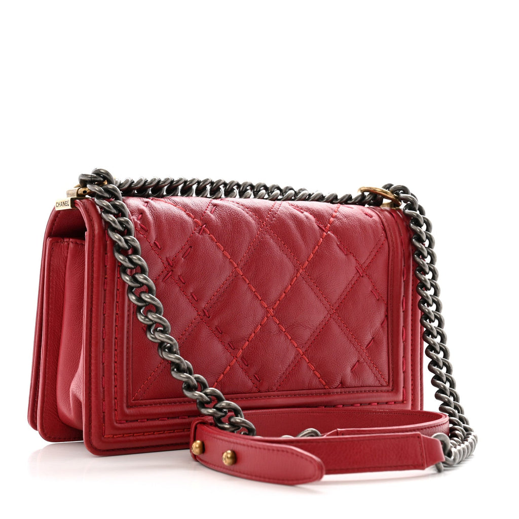 Calfskin Quilted Double Stitch Medium Boy Flap Red