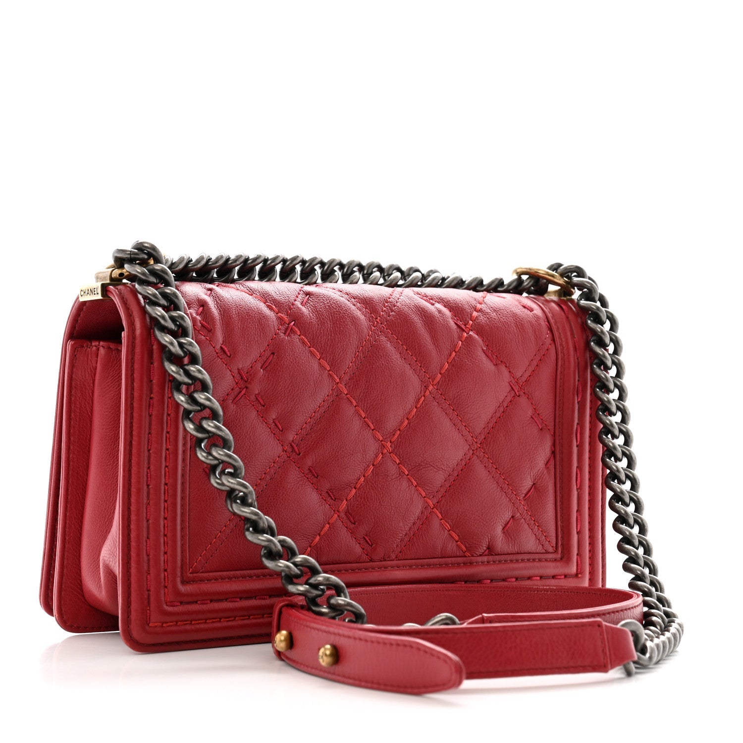 Calfskin Quilted Double Stitch Medium Boy Flap Red