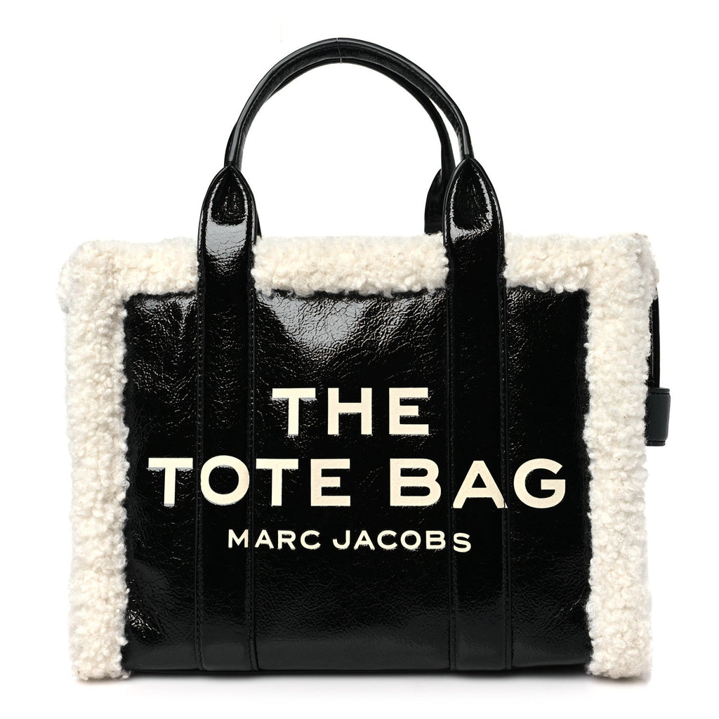 Shiny Calfskin Faux Shearling Small The Traveler Tote Bag Black