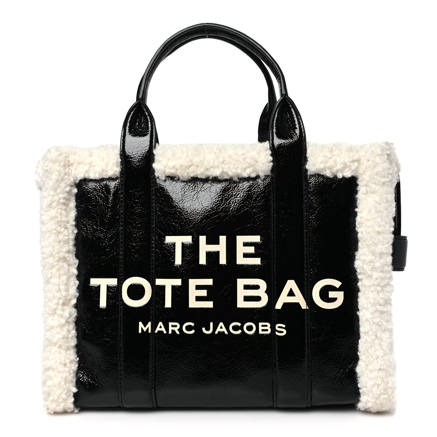 Shiny Calfskin Faux Shearling Small The Traveler Tote Bag Black
