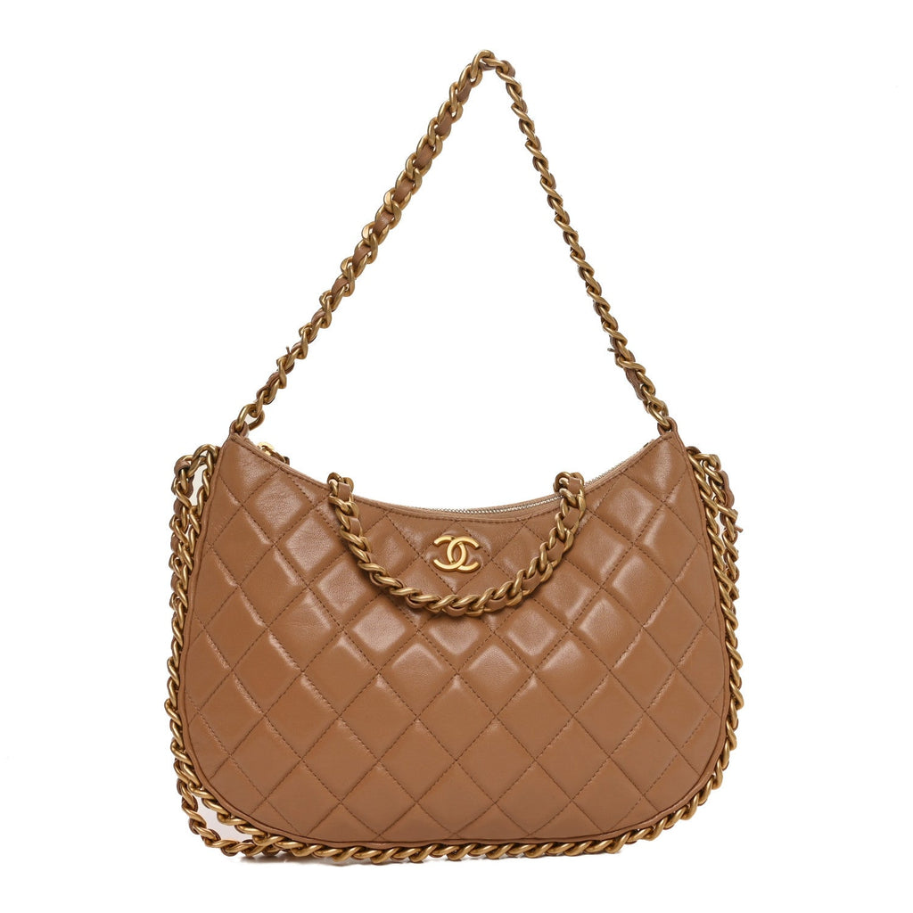 Shiny Crumpled Lambskin Quilted Large Trendy Chain Around Hobo Dark Beige