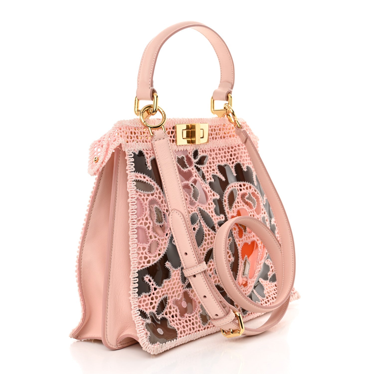 Calfskin Lace Medium Peekaboo I SEE U Satchel Pink Multicolor