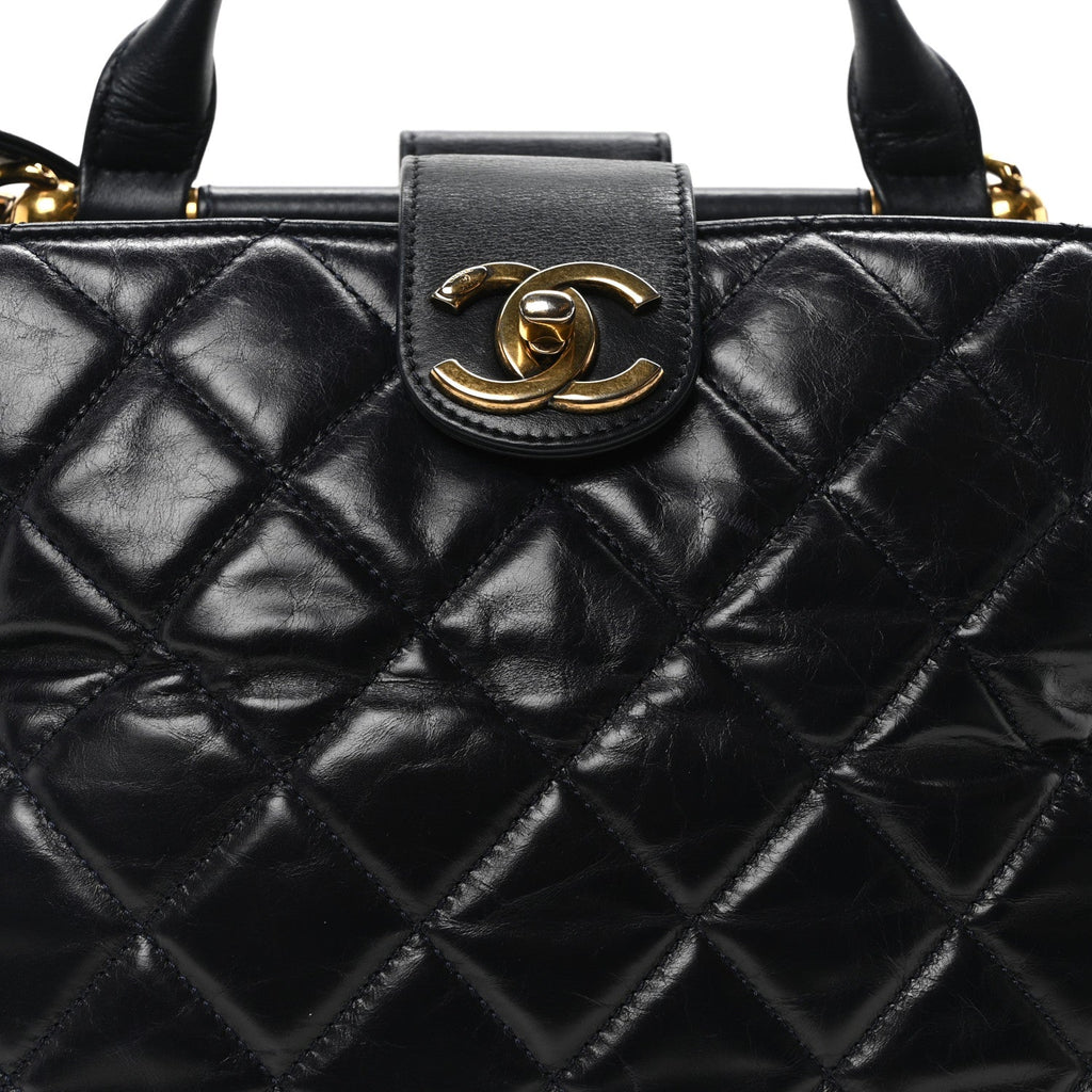 Calfskin Quilted Large Gold Bar Top Handle Tote Dark Navy Blue