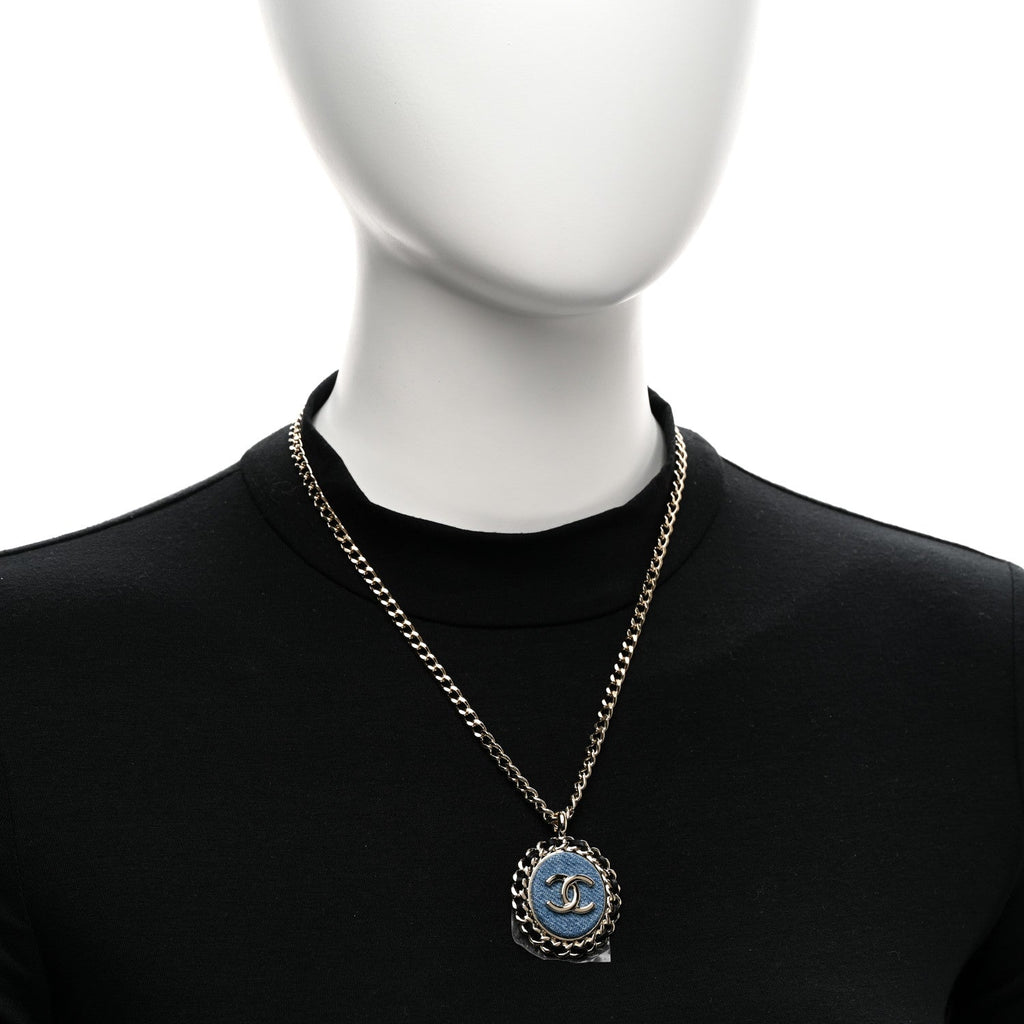 Denim CC Pendant Necklace Gold Blue Black