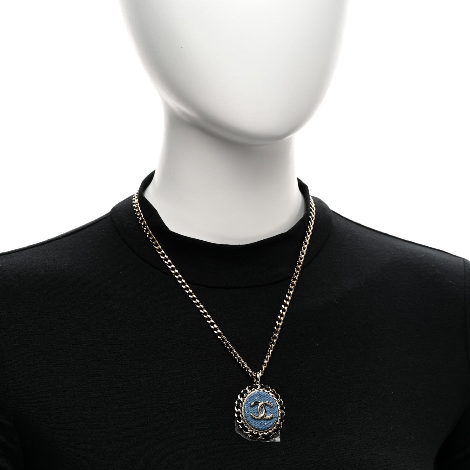 Denim CC Pendant Necklace Gold Blue Black
