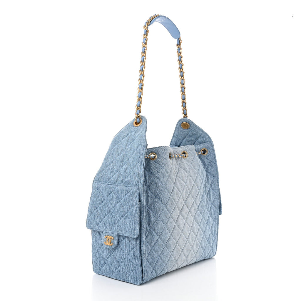 Washed Denim Quilted Medium Chanel 25 Handbag Blue