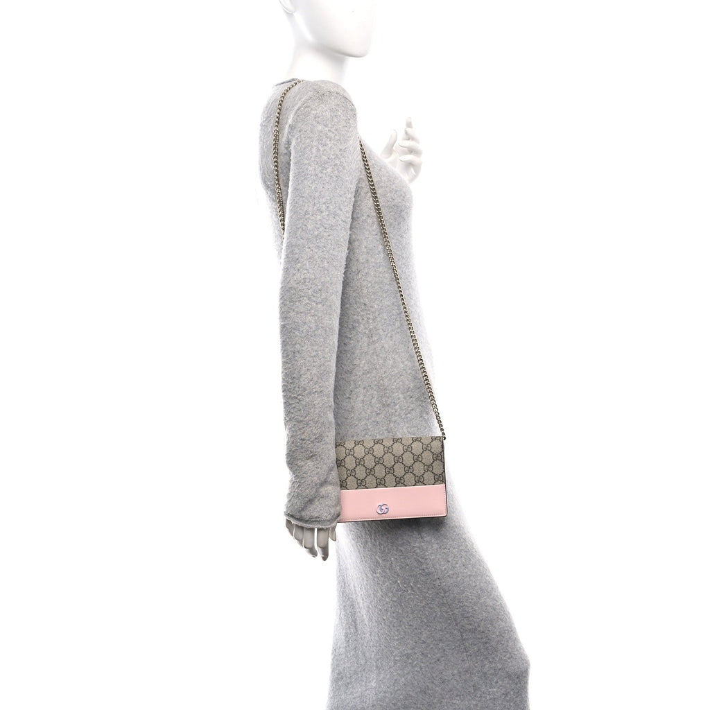 GG Supreme Monogram Textured Dollar Calfskin Mini GG Marmont Chain Wallet Light Pink Blue Beige