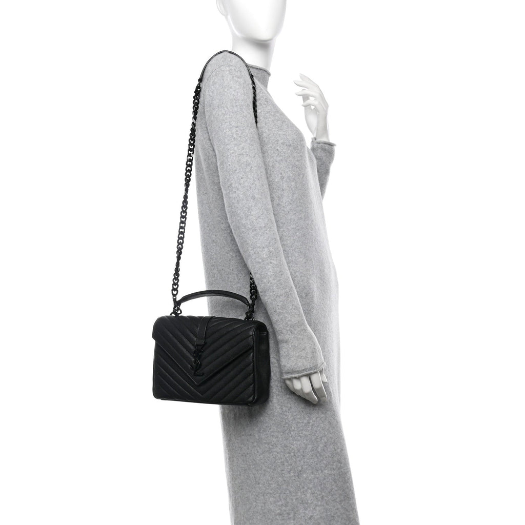 Sheepskin Matelasse Chevron Monogram Monochrome Medium College Bag Black