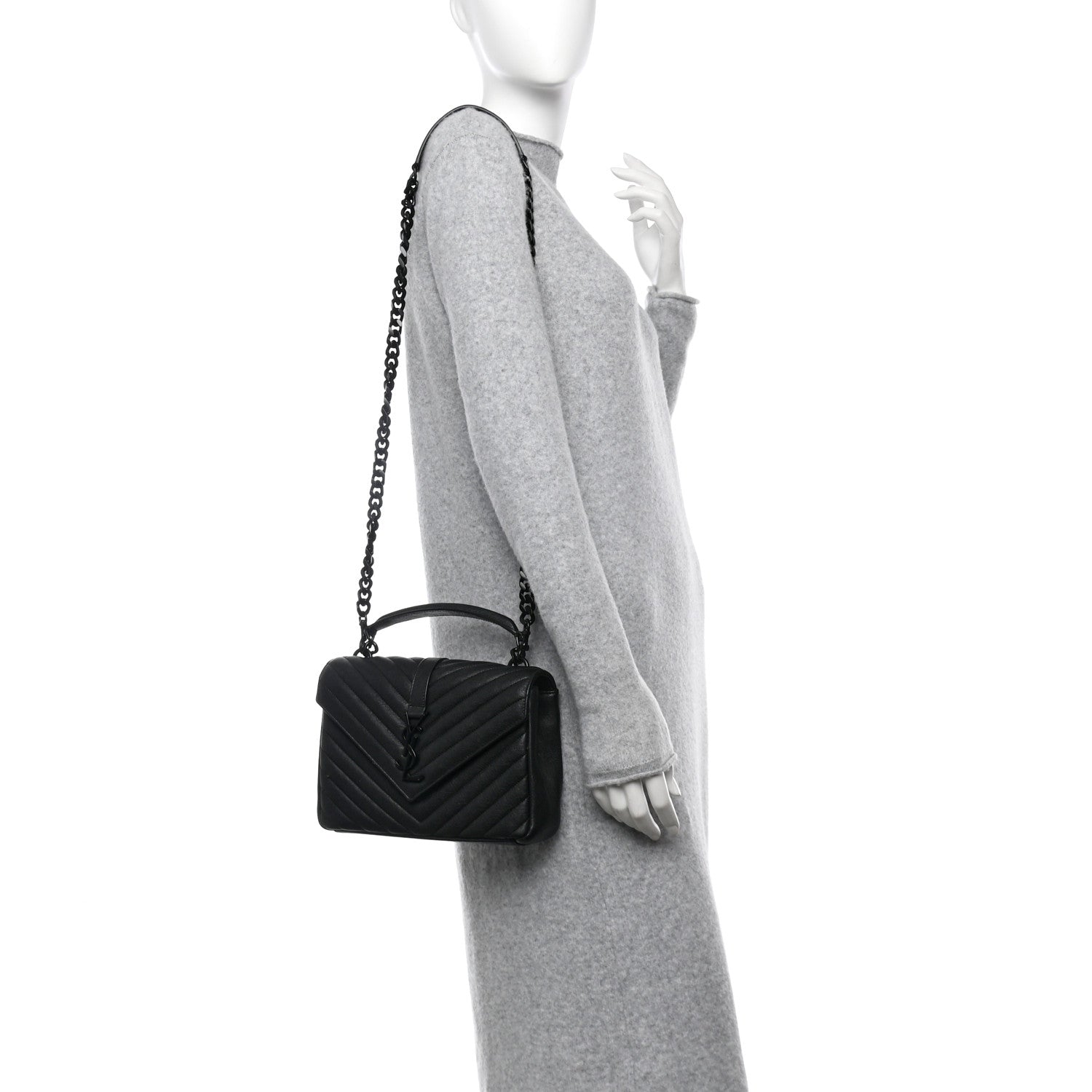 Sheepskin Matelasse Chevron Monogram Monochrome Medium College Bag Black