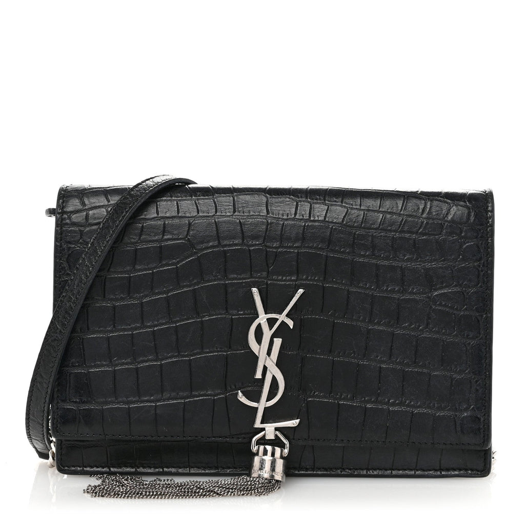 Calfskin Crocodile Embossed Kate Monogram Tassel Chain Wallet Black