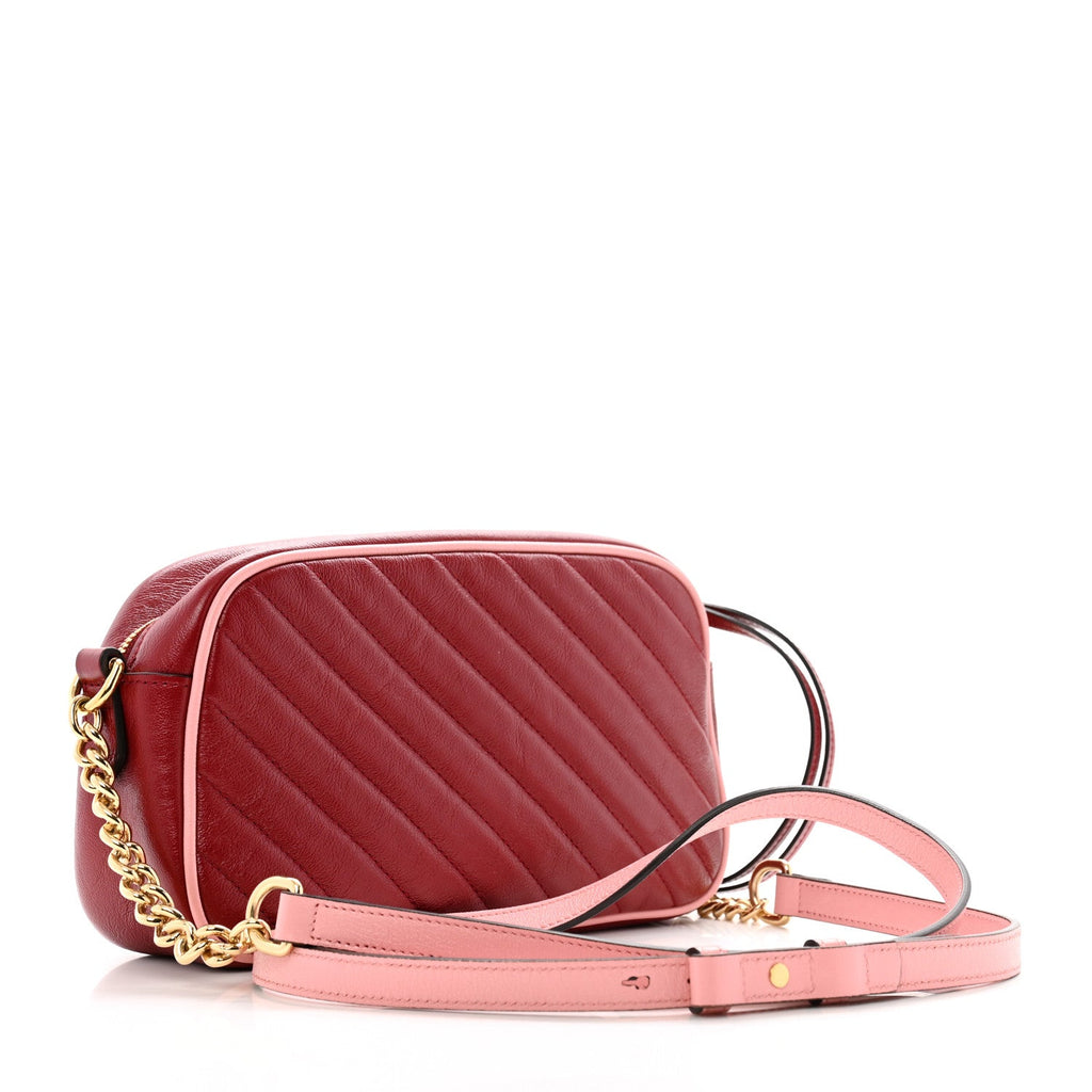 Azalea Calfskin Enamel Matelasse Diagonal Small Torchon GG Marmont Chain Shoulder Bag New Cherry Red Wild Rose