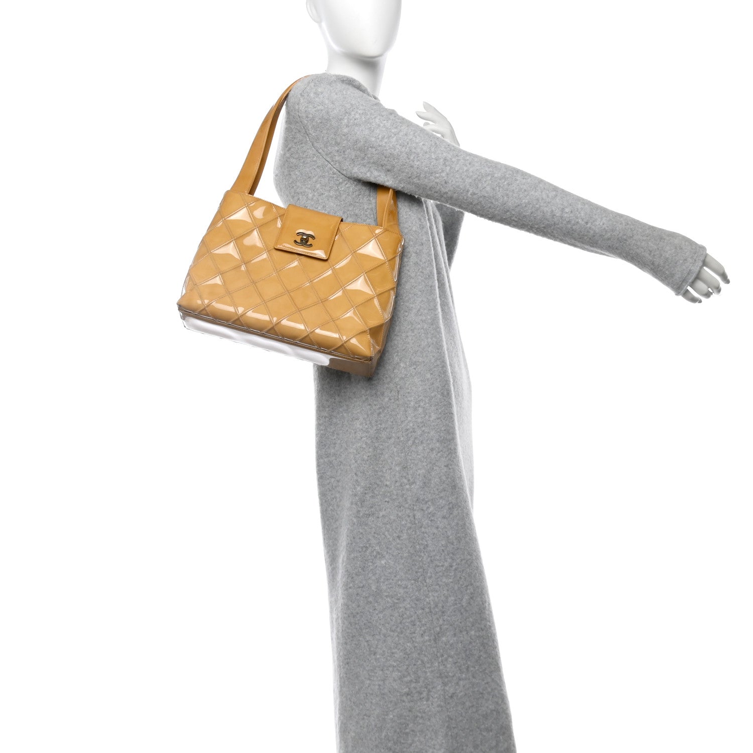 Patent Quilted Shoulder Bag Beige