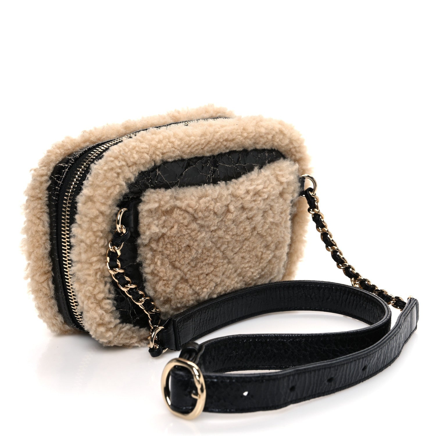 Shiny Crumpled Sheepskin Shearling Waist Bag Black Beige