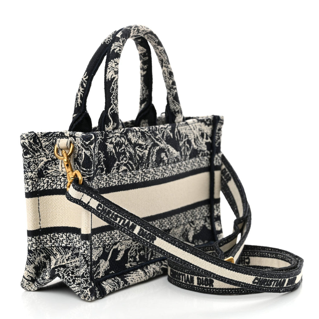 Canvas Embroidered Toile De Jouy Reverse Mini Book Tote With Strap Blue Multicolor