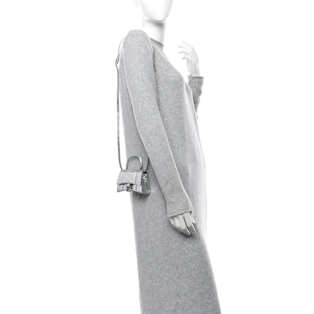 Metallic Calfskin Crocodile Embossed Hourglass Top Handle Bag Mini Silver