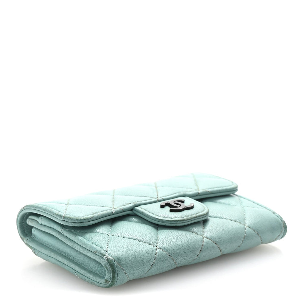 Lambskin Quilted Flap  Holder Wallet Turquoise